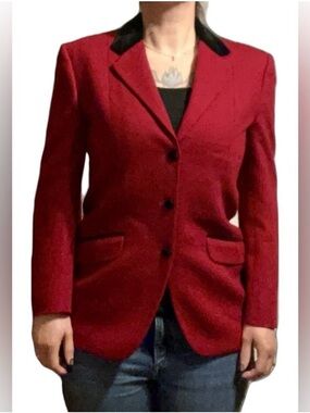 Vintage Burberry Red Blazer with Black Notch Collar, Size Medium
